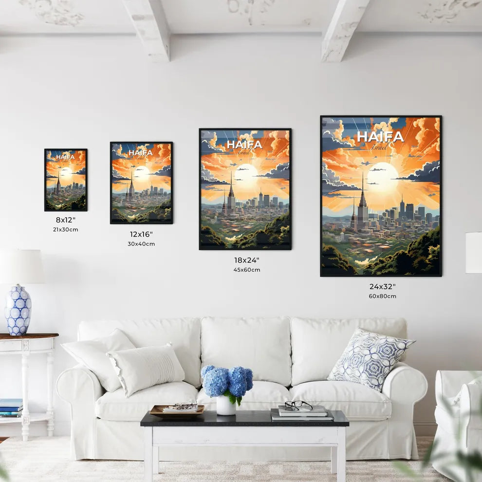 Vibrant cityscape painting of Haifa, Israel featuring trees, buildings, and vibrant colors Default Title