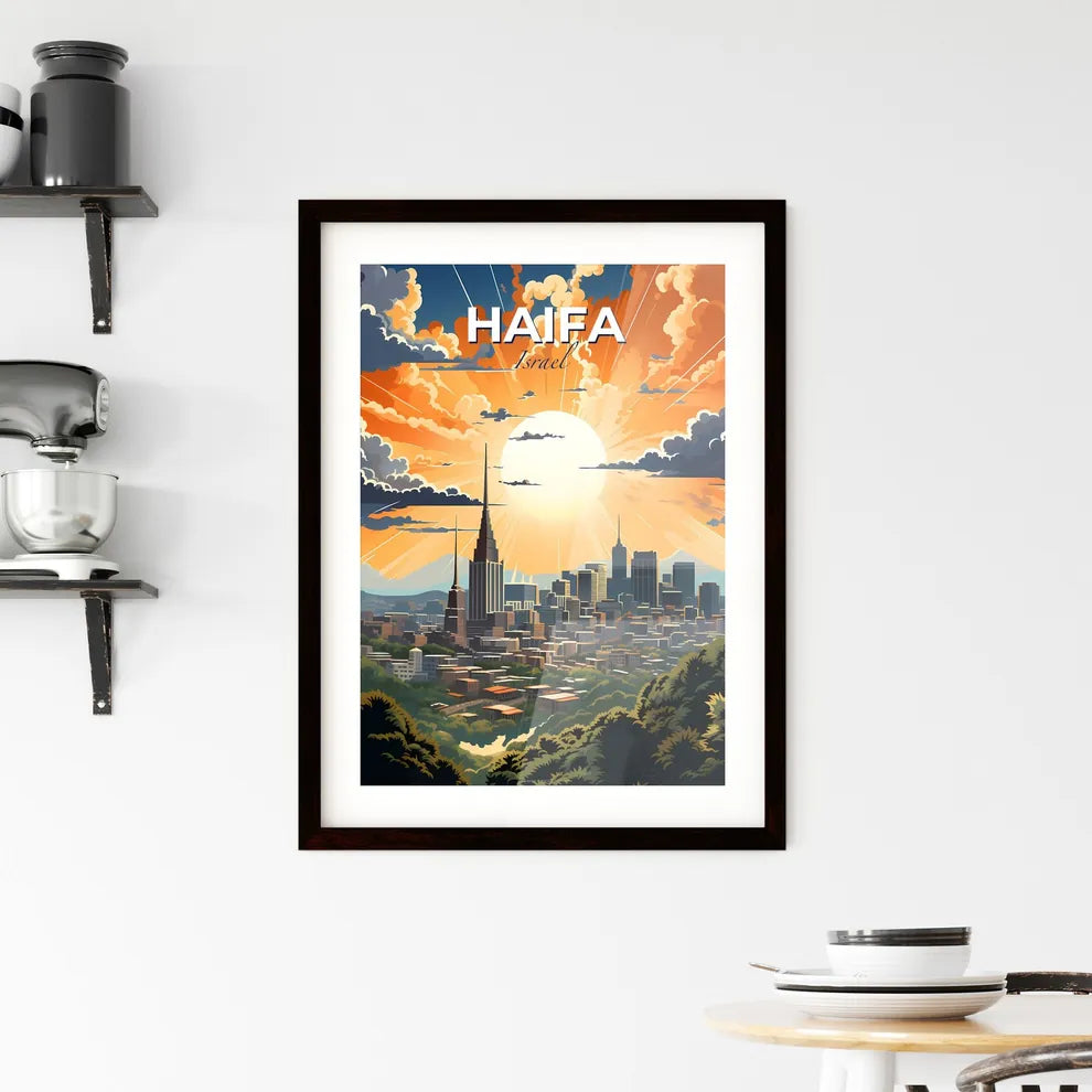 Vibrant cityscape painting of Haifa, Israel featuring trees, buildings, and vibrant colors Default Title
