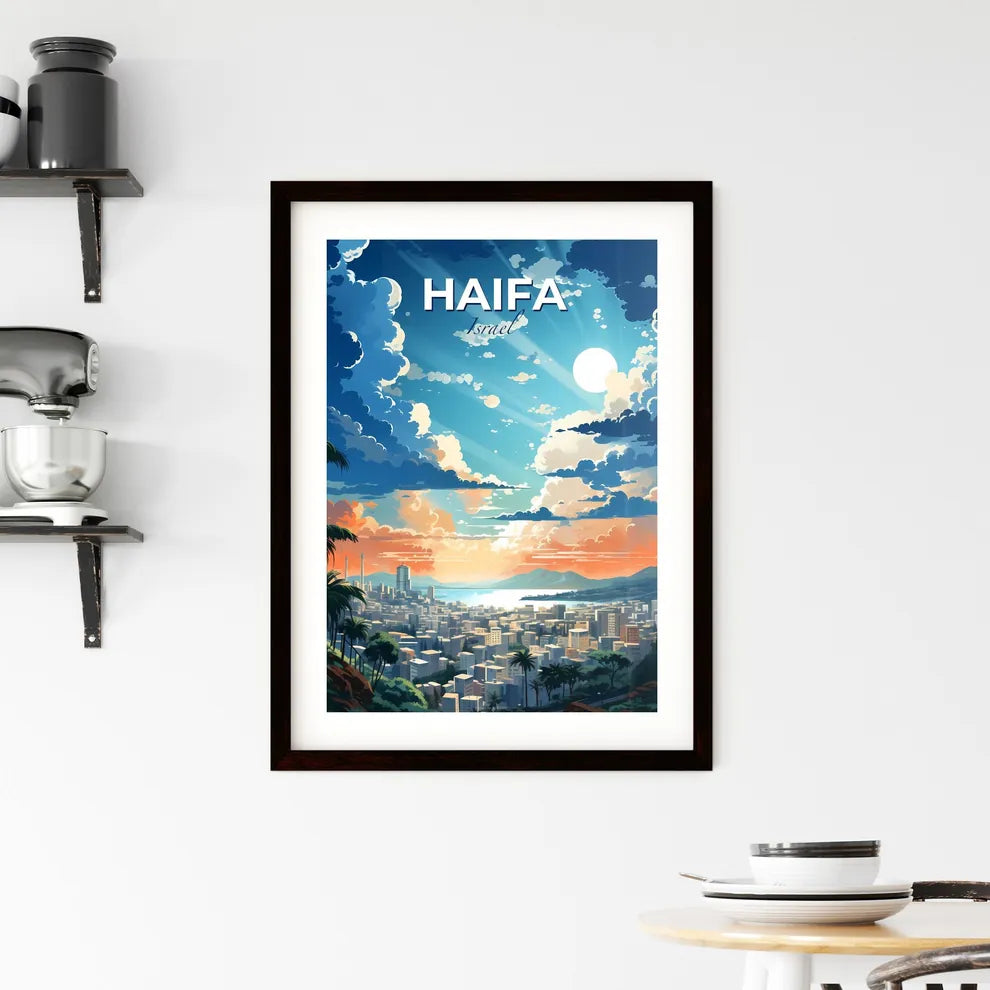 Vibrant Artistic Haifa Israel City Skyline Painting with Palm Trees and Mountains Background Default Title