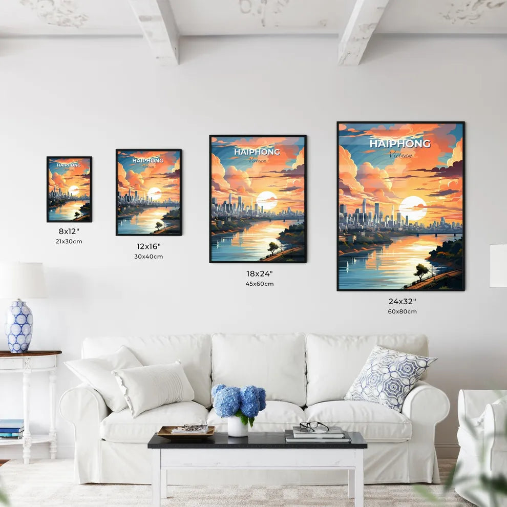 Expressive Cityscape Art: Hai Phong Vietnam Skyline with River and Bridge Default Title