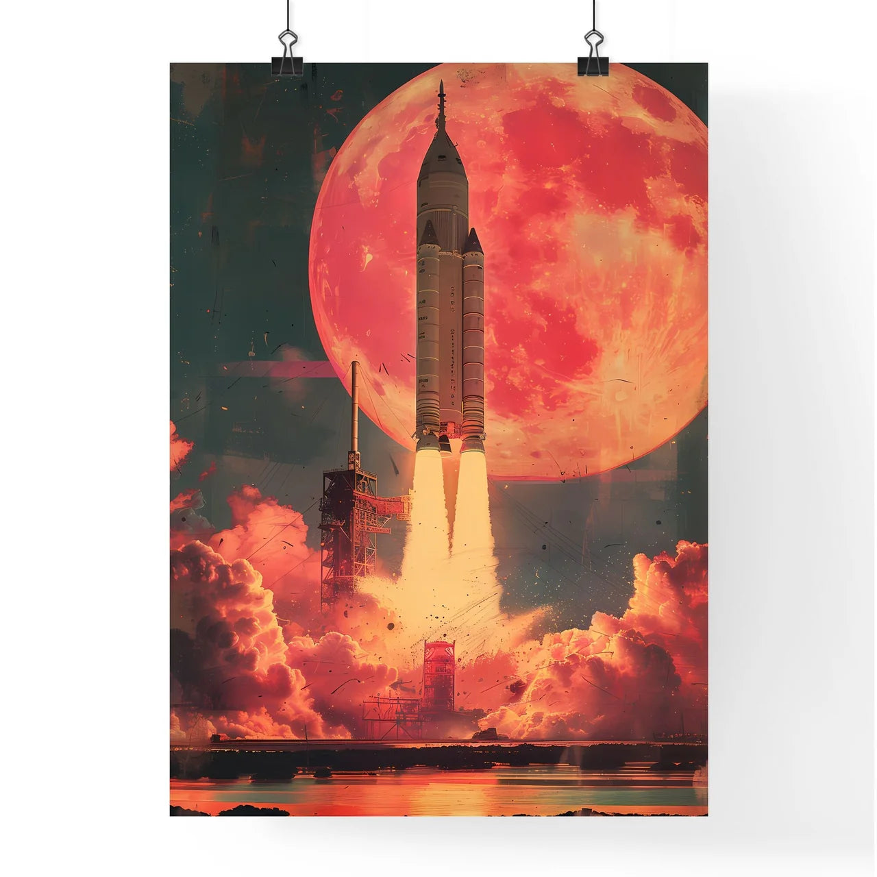 Neon Pink Oil Paint Rocket Plunging into Teal Pool: Harrowing 1960s Dystopian Comic Book Art in 1980s Horror Lighting Poster