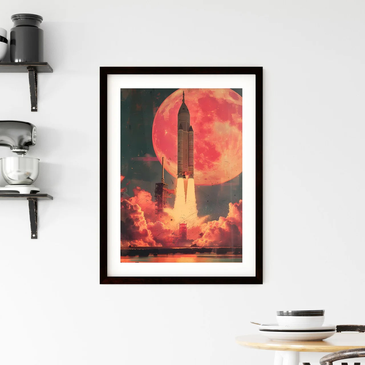 Neon Pink Oil Paint Rocket Plunging into Teal Pool: Harrowing 1960s Dystopian Comic Book Art in 1980s Horror Lighting Custom Print