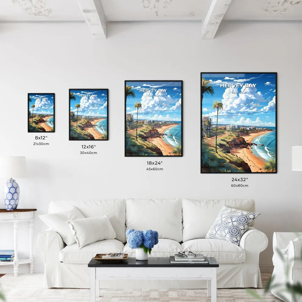 Vibrant Beach Skyline Artwork: Hervey Bay Australia with Palm Trees and Buildings Default Title