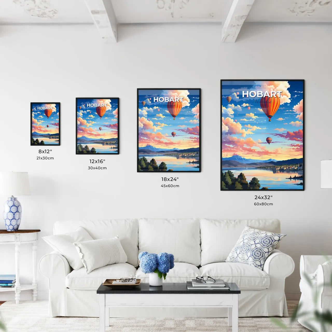 Hobart Skyline Art Depiction: Colorful Hot Air Balloons Soaring Over the City Default Title