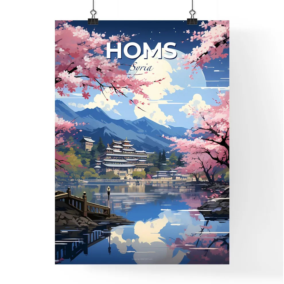 Homs Syria Cityscape Painting Art Lake Skyline Building Mountains Vibrant Landscape Default Title