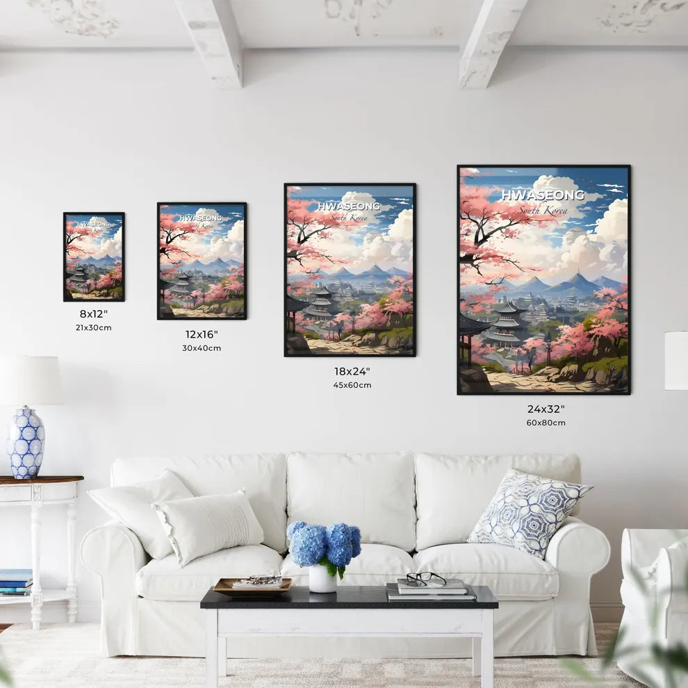 Vibrant Landscape Painting of Hwaseong Skyline, Featuring Pagoda, Mountains, and Pink Cherry Blossoms Default Title