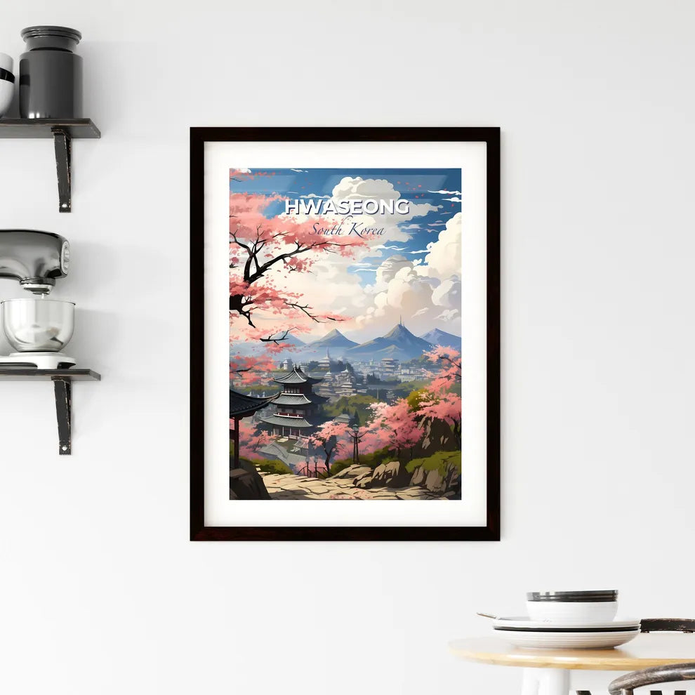 Vibrant Landscape Painting of Hwaseong Skyline, Featuring Pagoda, Mountains, and Pink Cherry Blossoms Default Title