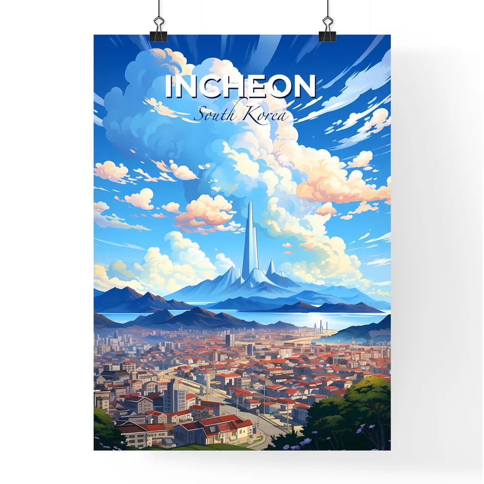 Vibrant Artistic Cityscape Painting of Incheon South Korea Skyline with Mountains and Tower Default Title
