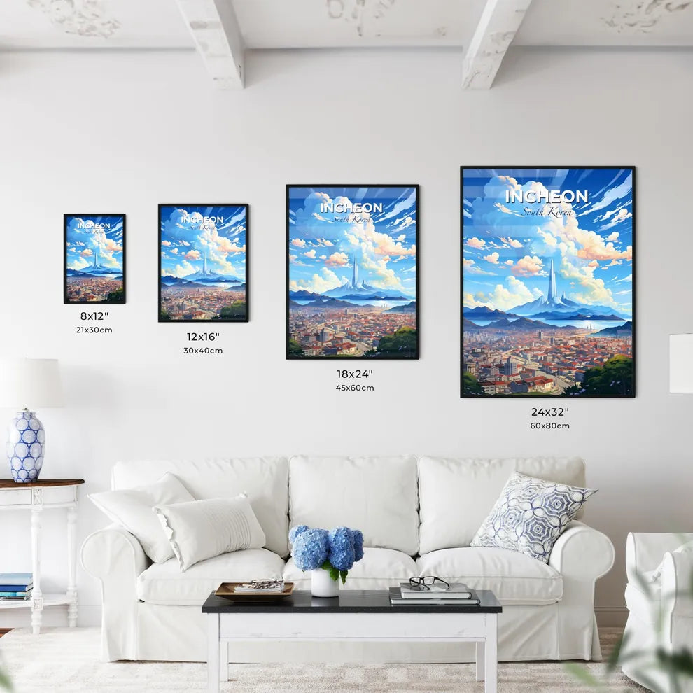 Vibrant Artistic Cityscape Painting of Incheon South Korea Skyline with Mountains and Tower Default Title