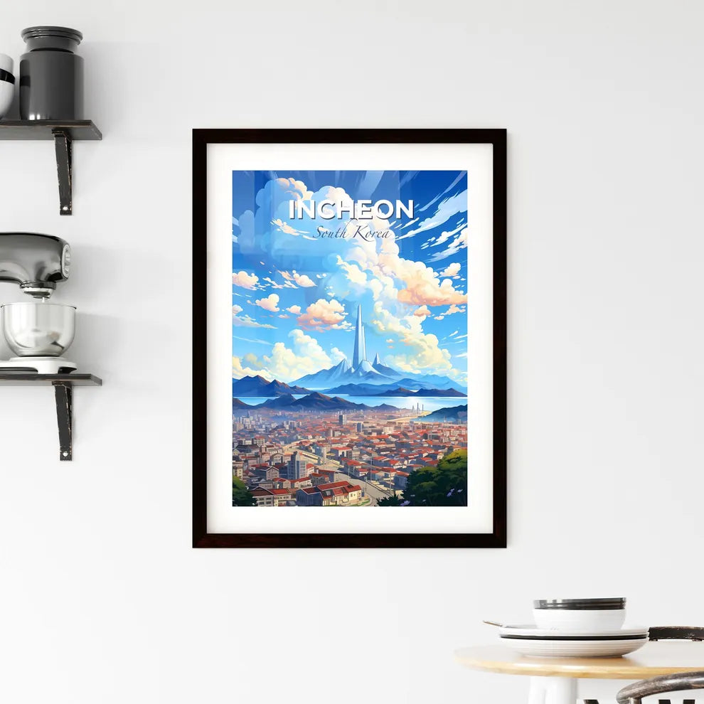 Vibrant Artistic Cityscape Painting of Incheon South Korea Skyline with Mountains and Tower Default Title