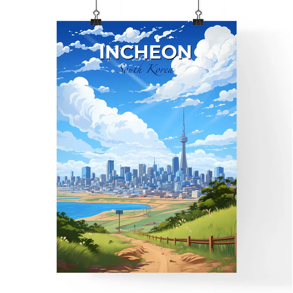 Artistic Incheon South Korean Skyline Cityscape Painting Embracing Waterway and Fence Default Title