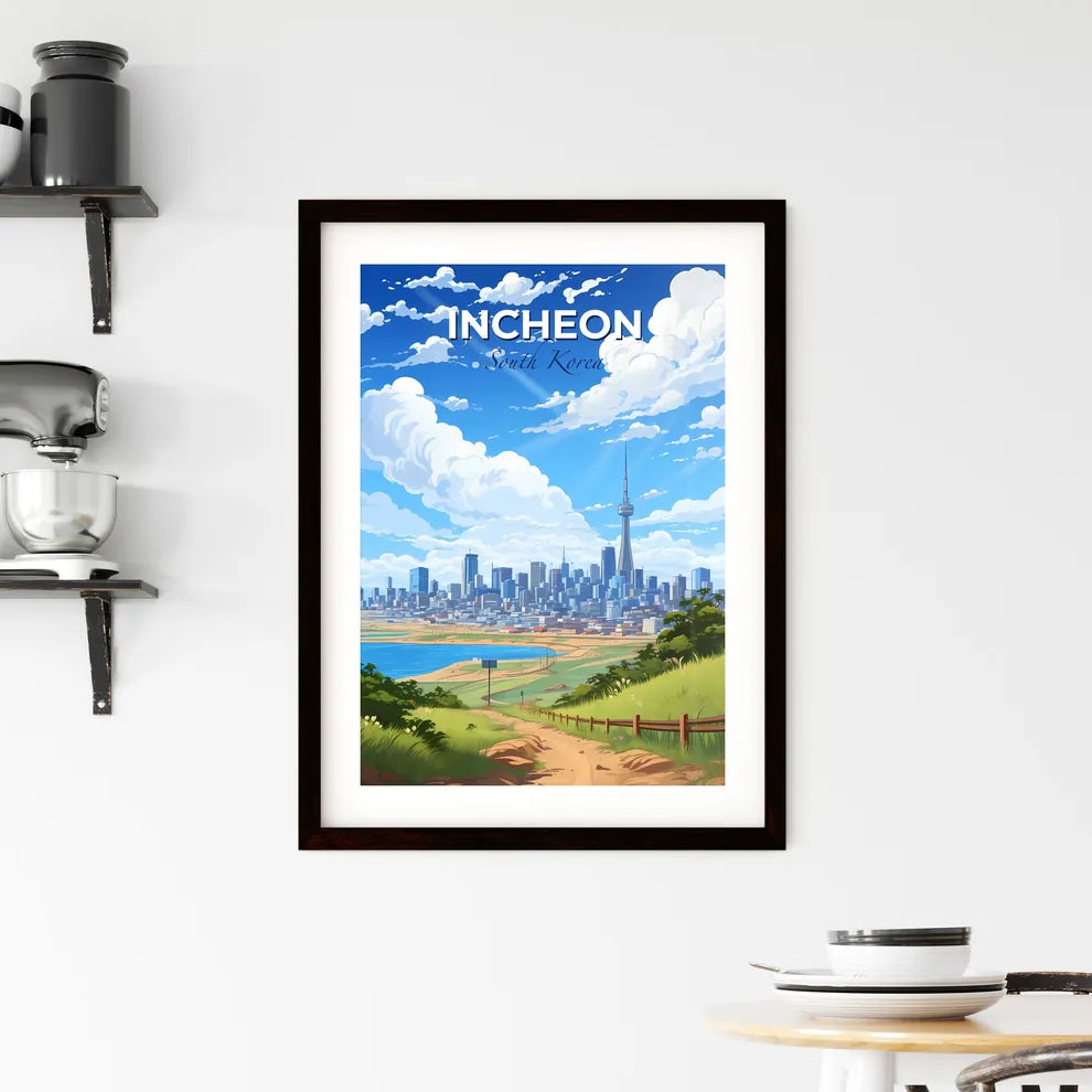 Artistic Incheon South Korean Skyline Cityscape Painting Embracing Waterway and Fence Default Title