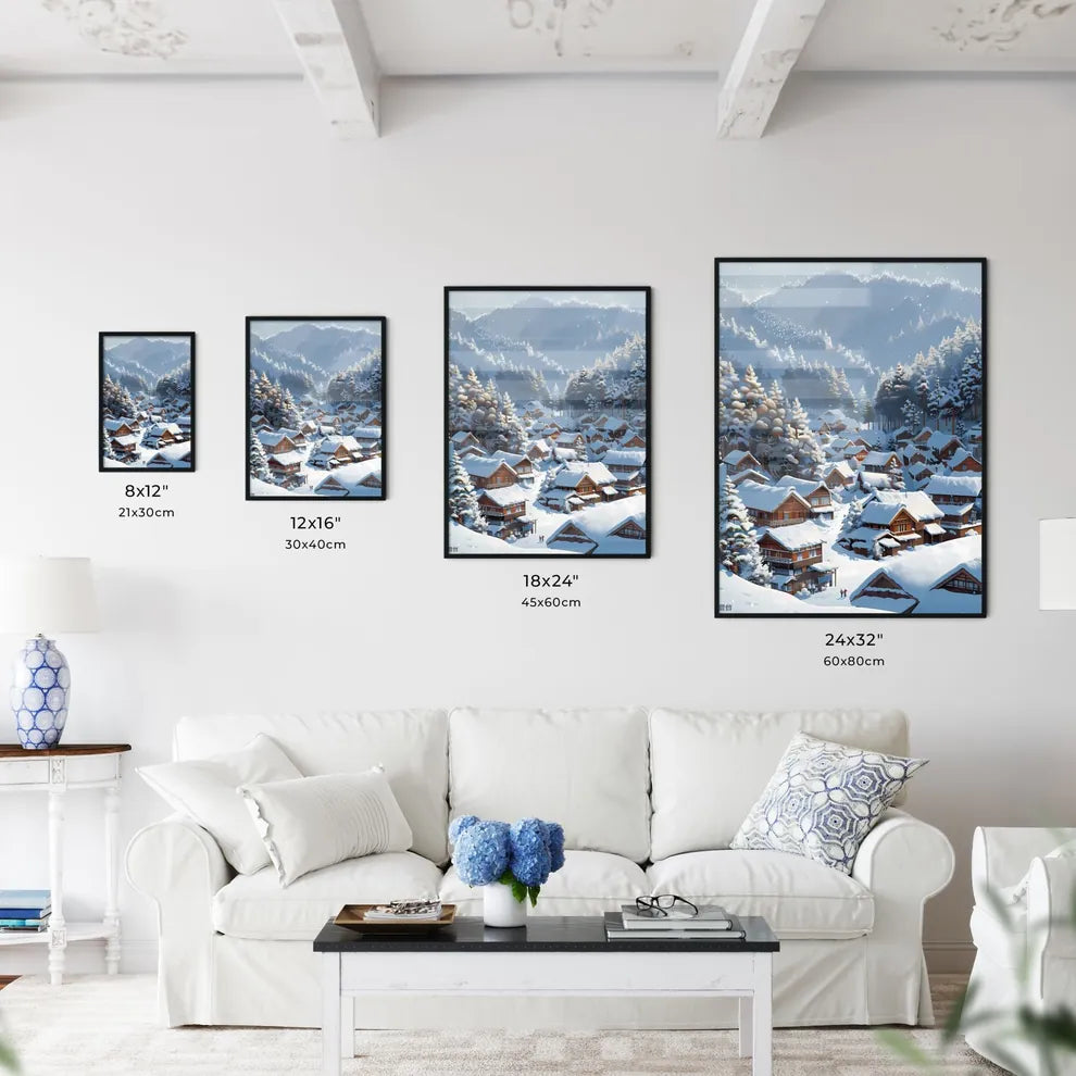 Tranquil Winter Village: A Snowy Landscape Painting with Hyperrealistic Details and Vibrant Pastel Colors Size Chart