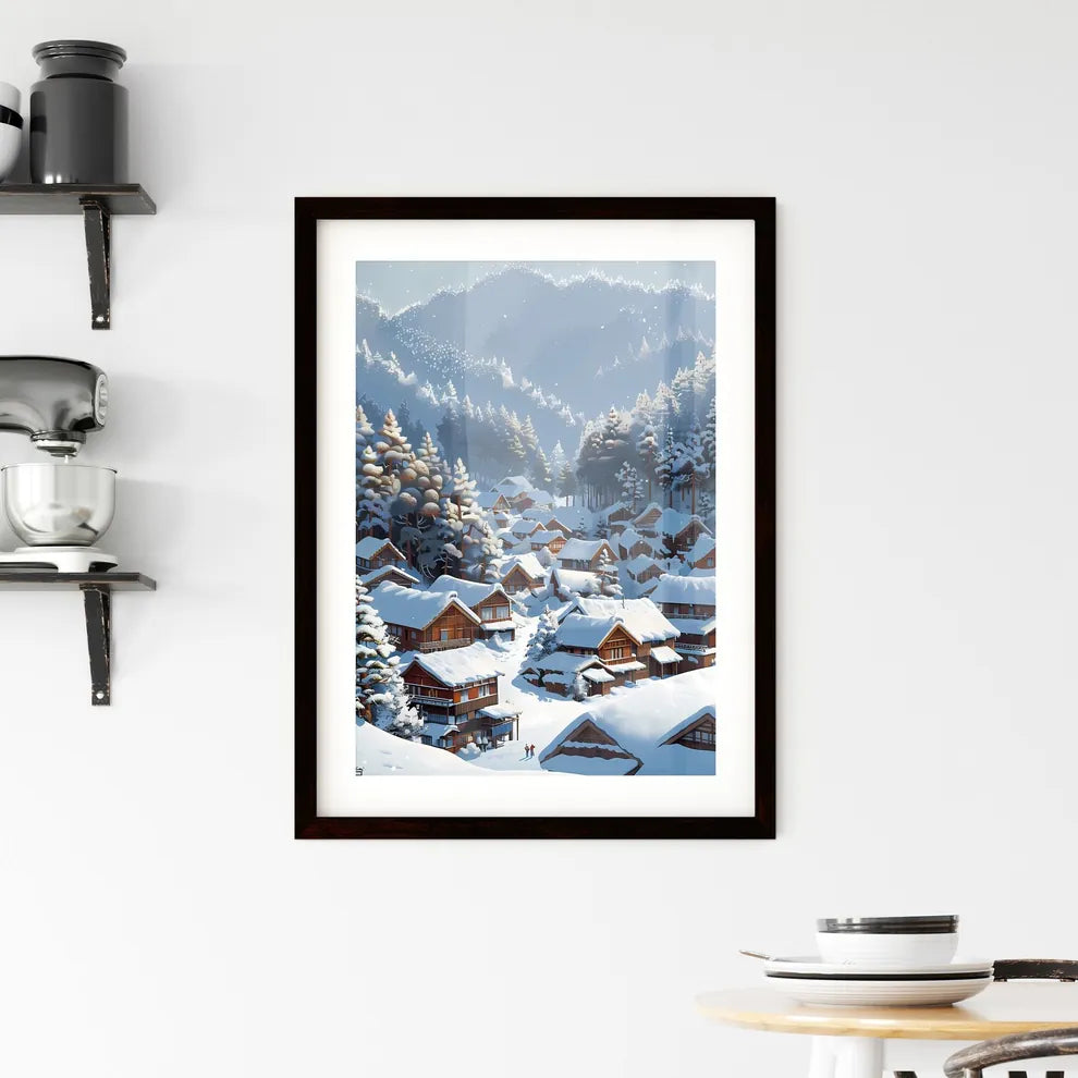 Tranquil Winter Village: A Snowy Landscape Painting with Hyperrealistic Details and Vibrant Pastel Colors Custom Print