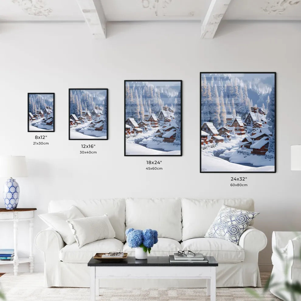 Tranquil Japanese Village: Snow-Covered Houses and Pristine Forest in Pastel Blue Sky Size Chart