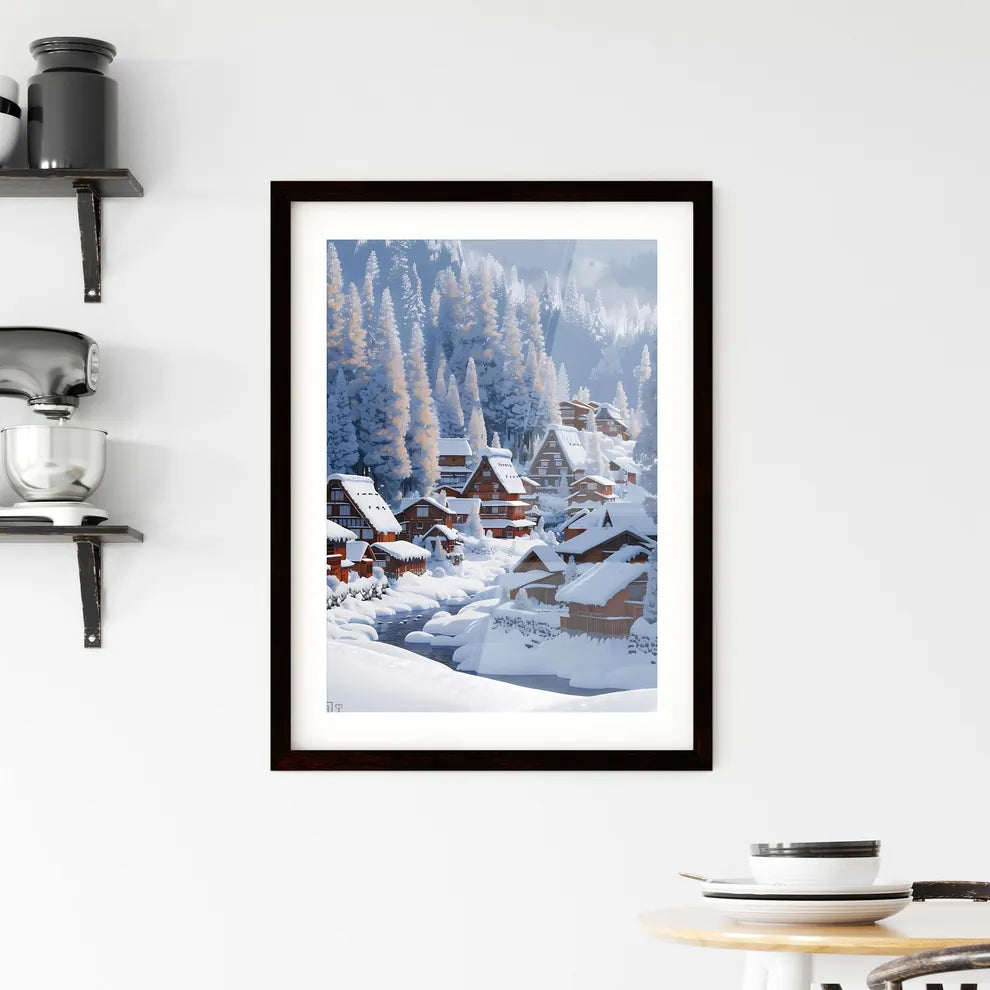 Tranquil Japanese Village: Snow-Covered Houses and Pristine Forest in Pastel Blue Sky Custom Print