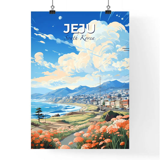 Vibrant Jeju Skyline Art: Beach and Town Landscape Painting, South Korea Default Title