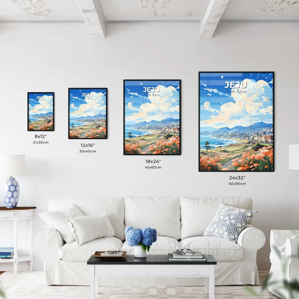 Vibrant Jeju Skyline Art: Beach and Town Landscape Painting, South Korea Default Title