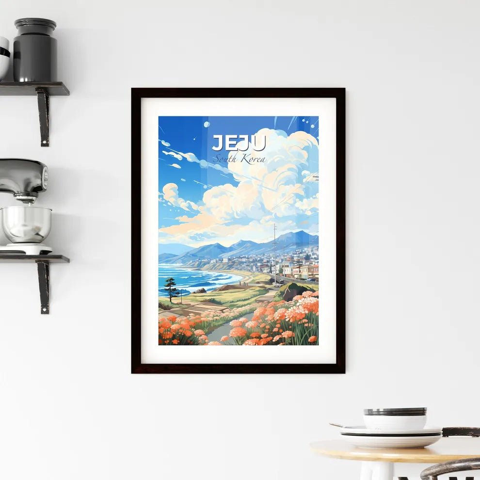 Vibrant Jeju Skyline Art: Beach and Town Landscape Painting, South Korea Default Title