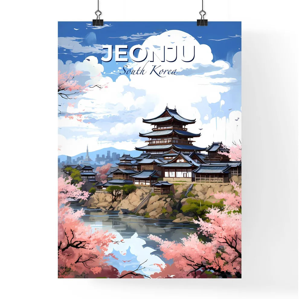 Vibrant Painting of Jeonju Skyline Featuring Building on Hill with River and Trees Default Title