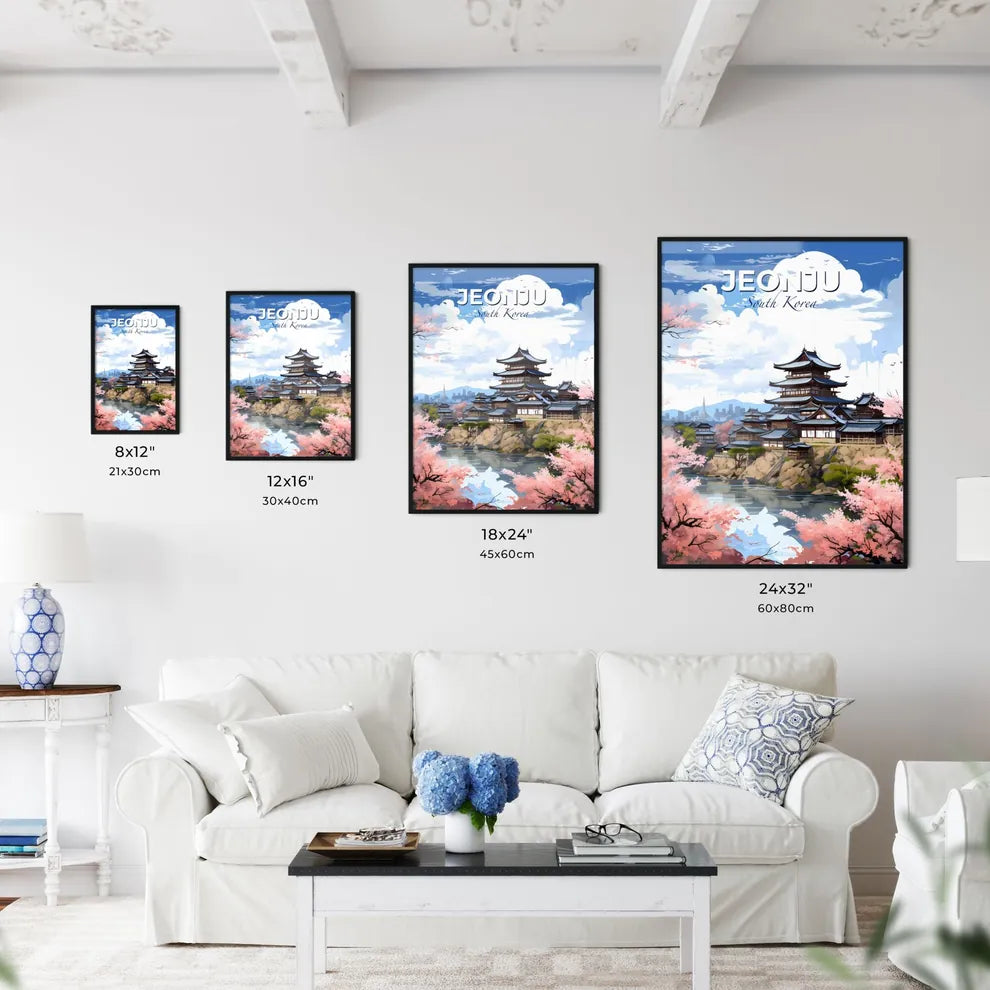 Vibrant Painting of Jeonju Skyline Featuring Building on Hill with River and Trees Default Title