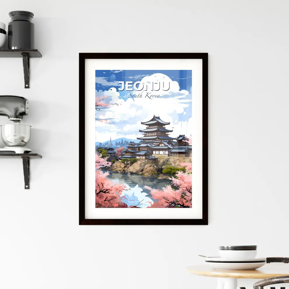 Vibrant Painting of Jeonju Skyline Featuring Building on Hill with River and Trees Default Title