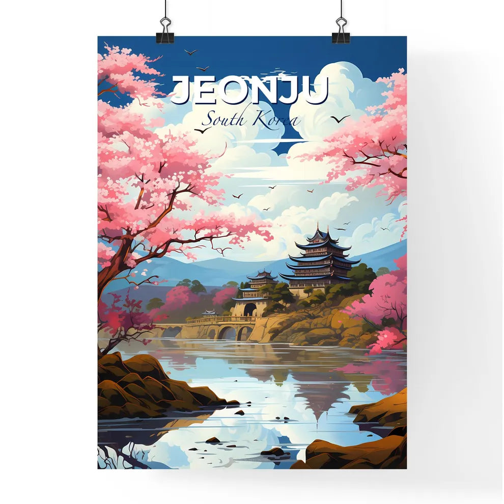 Panoramic Skyline of Jeonju South Korea with Lake, Pagoda, and Vibrant Pink Trees in Abstract Painting Style Default Title
