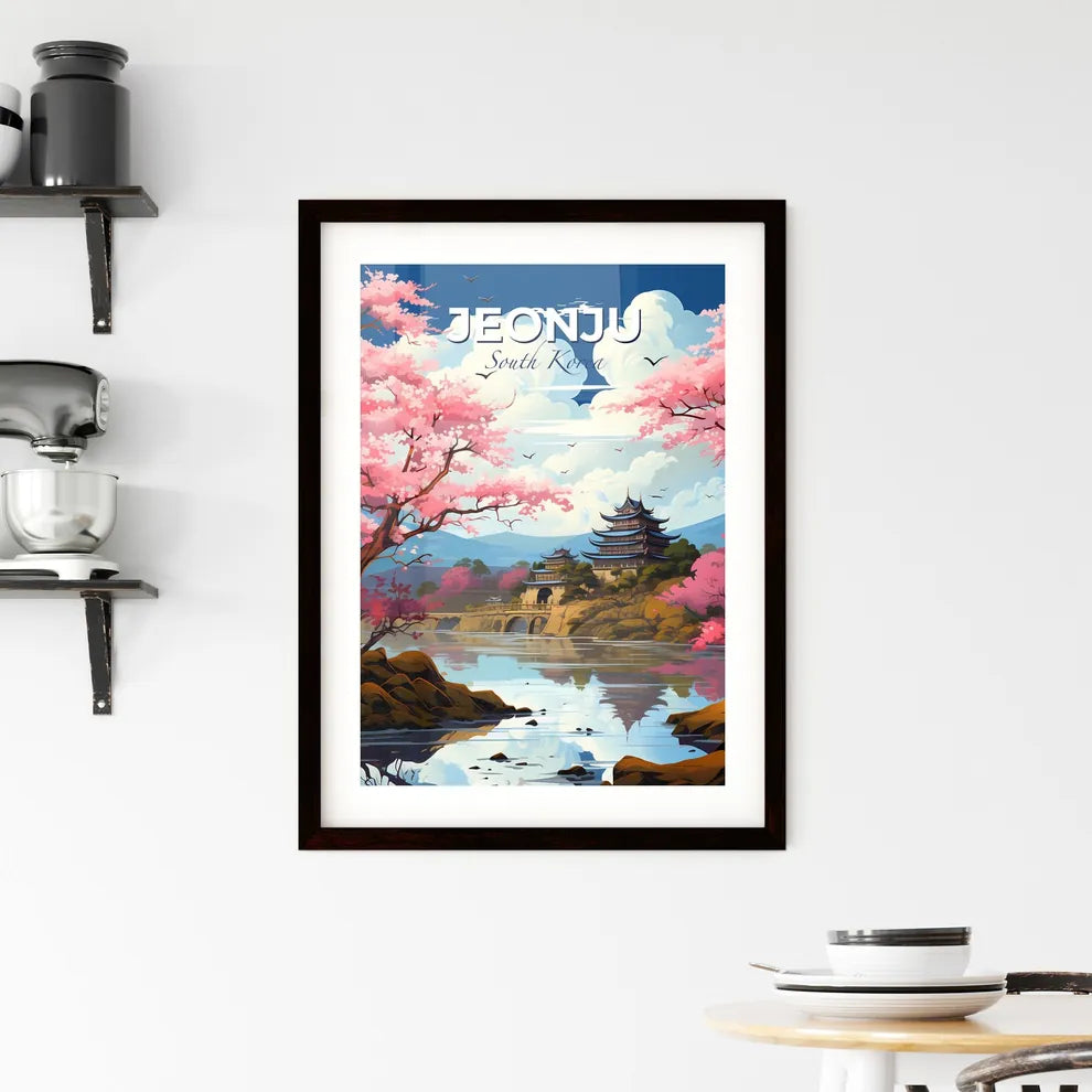 Panoramic Skyline of Jeonju South Korea with Lake, Pagoda, and Vibrant Pink Trees in Abstract Painting Style Default Title