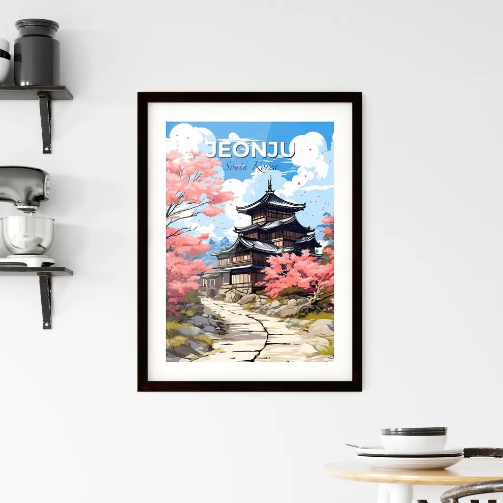 Vibrant Korean Art: Jeonju Cityscape with Pagoda and Cherry Blossoms Default Title