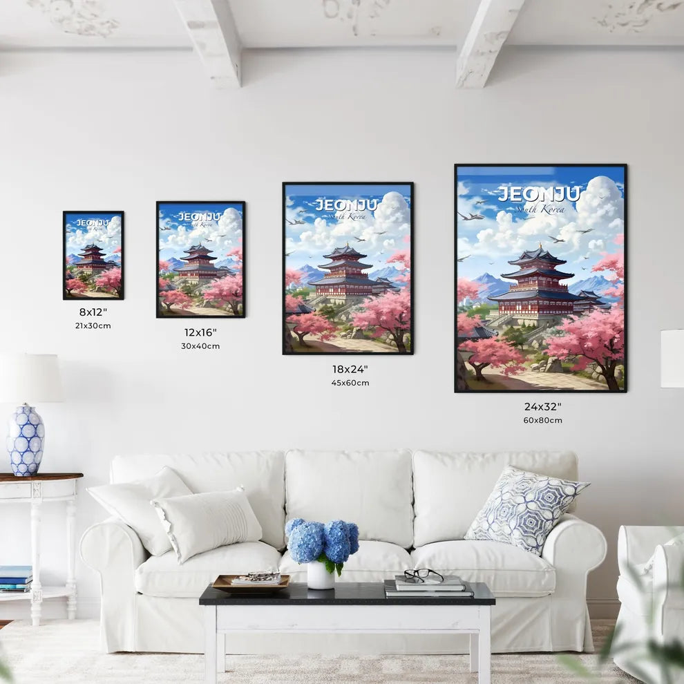 Jeonju Skyline Panorama South Korea Building Pagoda Cherry Blossoms Vibrant Painting Abstract Default Title
