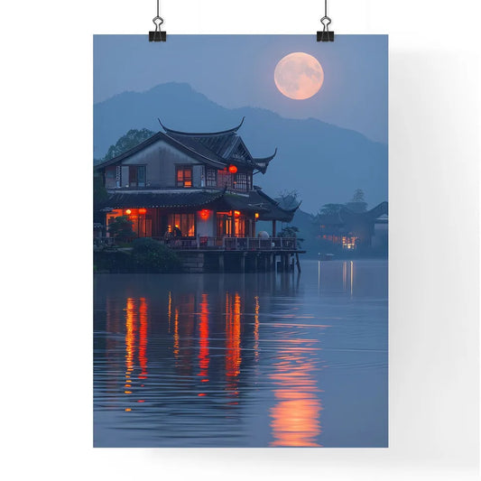Minimalism House on the Lake, Vibrant Painting, Surrealism, Award-winning Photography, Landscape, Sky, Moon, Water, Mountains Poster