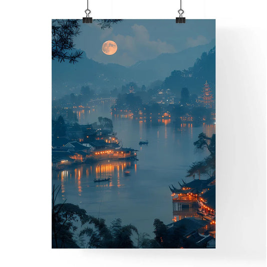 Picturesque Jiangnan Lake Under the Full Moon, Featuring Illuminated Houses, Distant Mountains, and a Minimalist Composition, Award-Winning Photography Poster