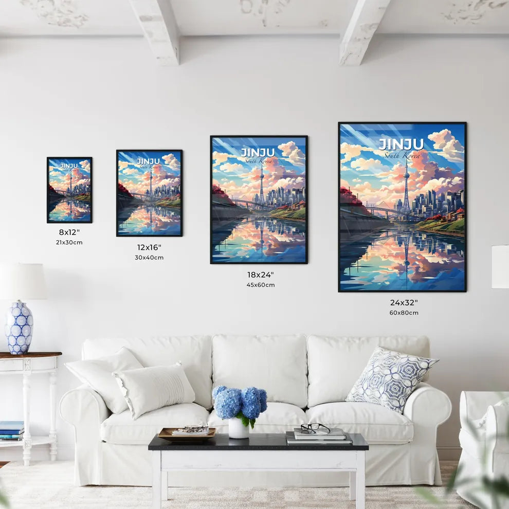 Vibrant Painting of Jinju Skyline: Bridge, Cityscape, Tower, Water Body, Korean Cityscape, Art, South Korea Default Title