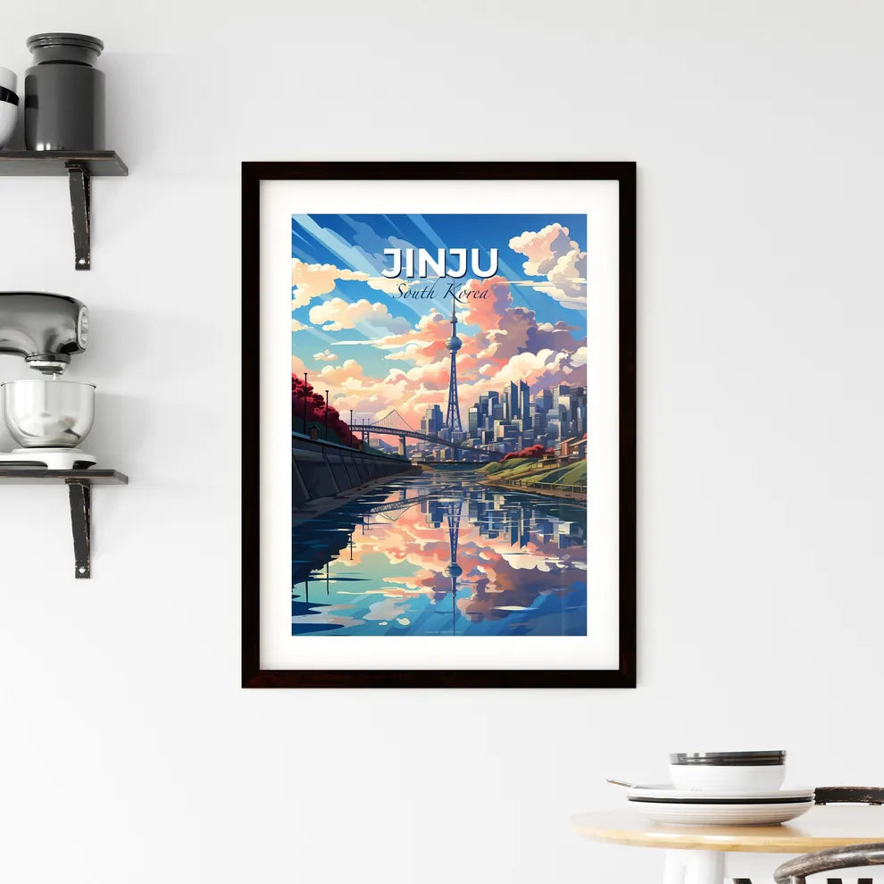 Vibrant Painting of Jinju Skyline: Bridge, Cityscape, Tower, Water Body, Korean Cityscape, Art, South Korea Default Title