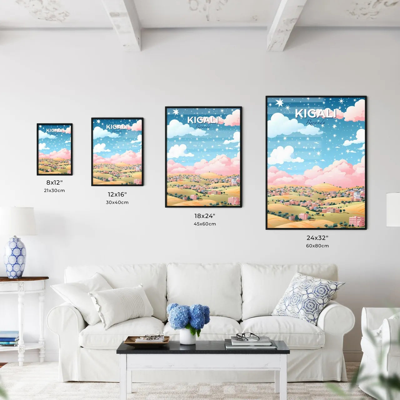 Vibrant Kigali Skyline Painting, Rwanda Town and Hills Landscape Art Default Title