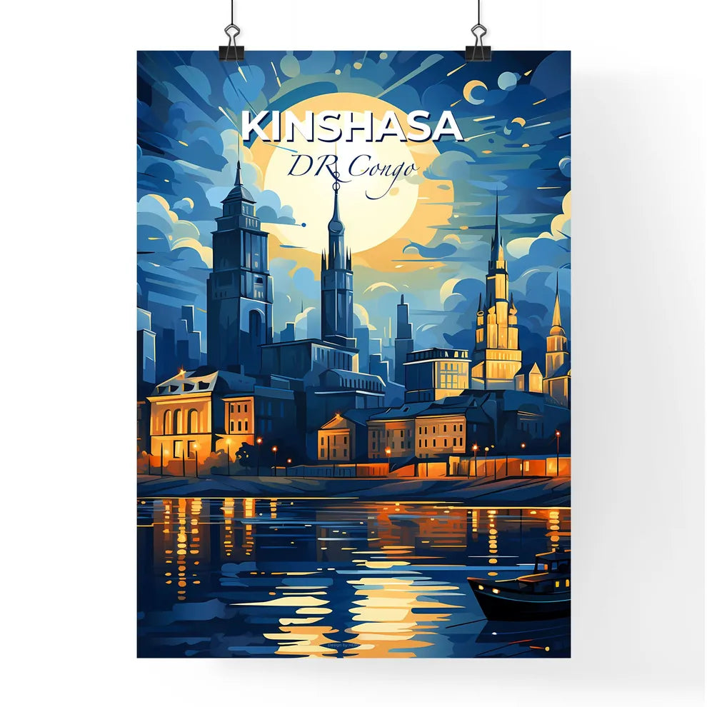 Vibrant Kinshasa Skyline Painting City Moon Boat Congo Art Default Title
