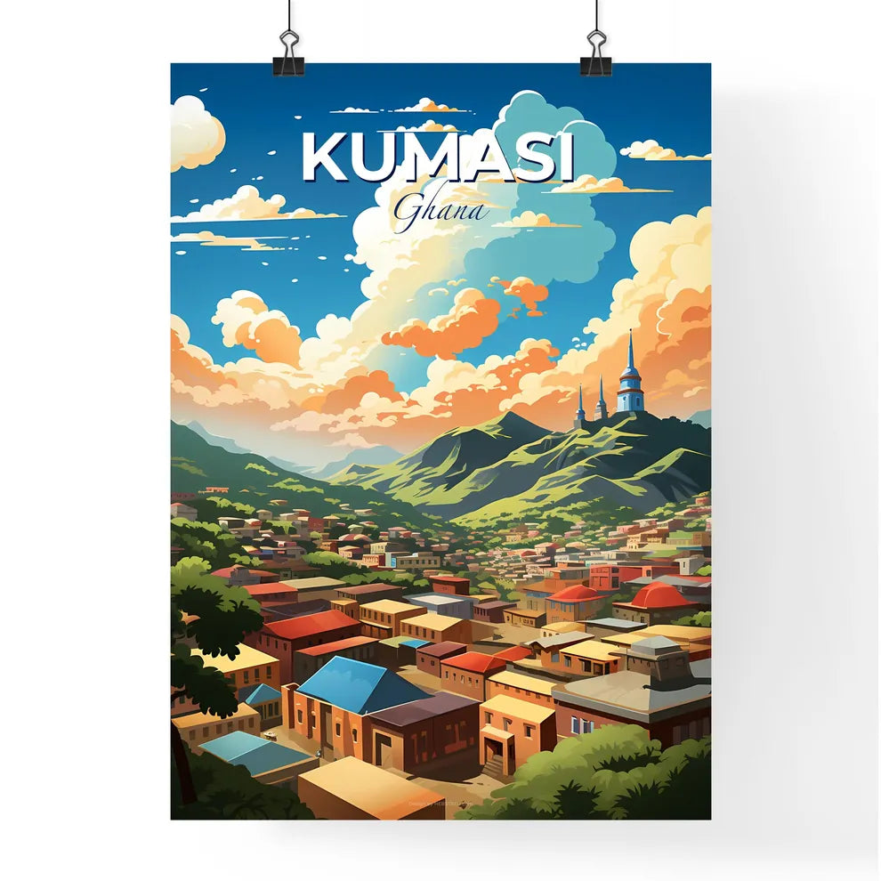 Kumasi City Skyline Watercolor Painting, Colorful Art, City in Valley, Mountain Landscape, Vibrant Ghana Artwork Default Title