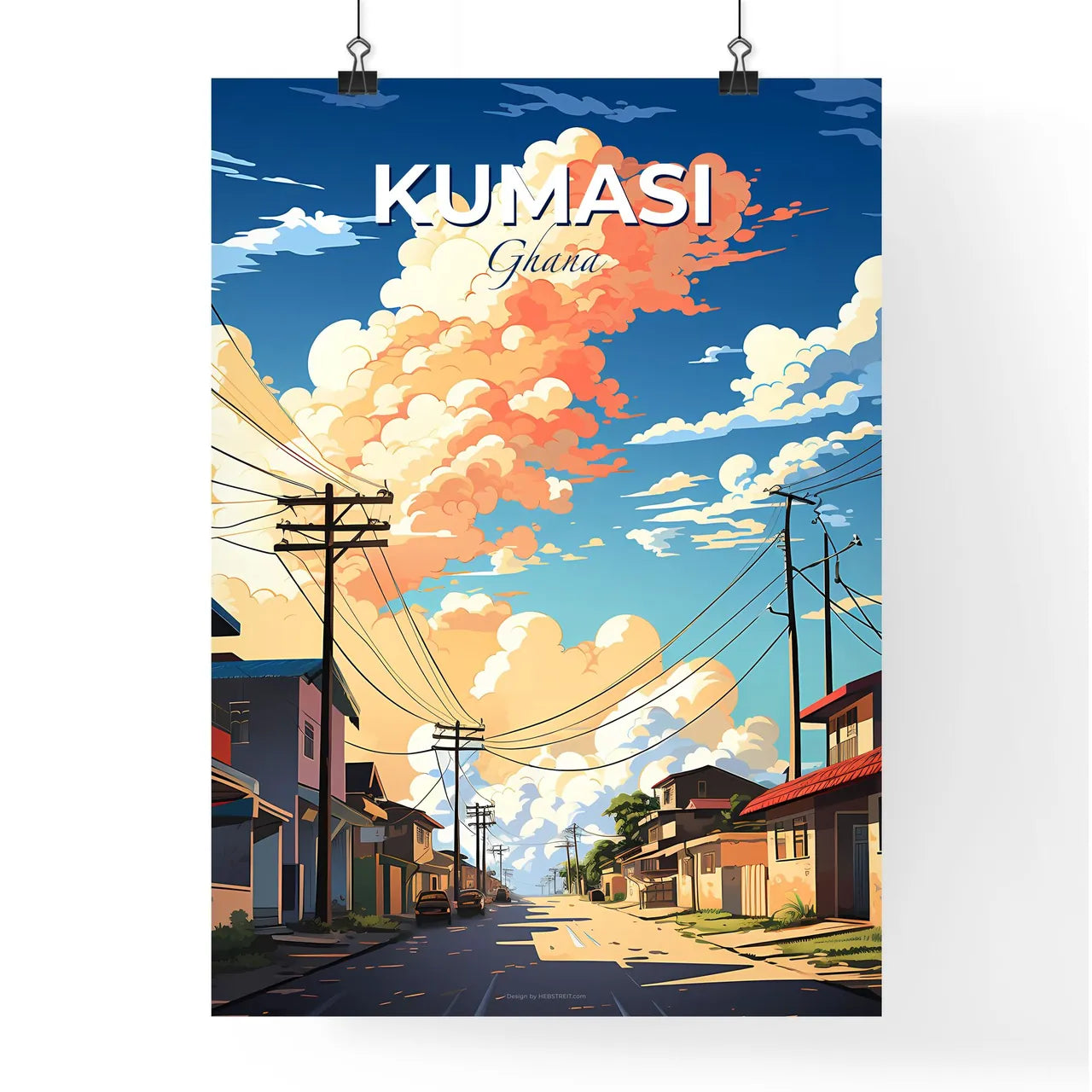 Vibrant Ghanaian Street Painting Depicting Kumasi Skyline with Houses, Power Lines, and Telephone Poles Default Title