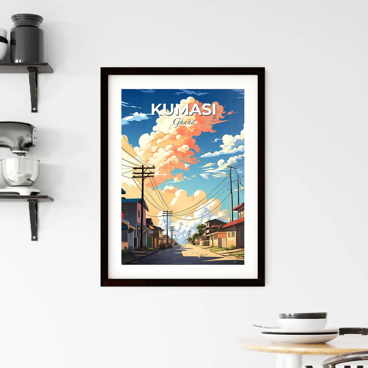 Vibrant Ghanaian Street Painting Depicting Kumasi Skyline with Houses, Power Lines, and Telephone Poles Default Title