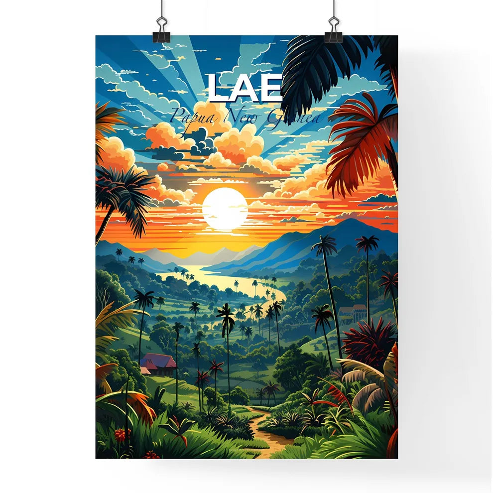 Vibrant Artistic Landscape of Lae Papua New Guinea Skyline with Mountains Trees and Sunset Default Title