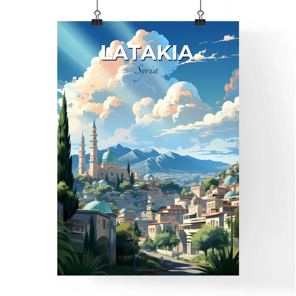 Vibrant Watercolor Painting of Latakia Syria Skyline with Trees and Mountains Default Title