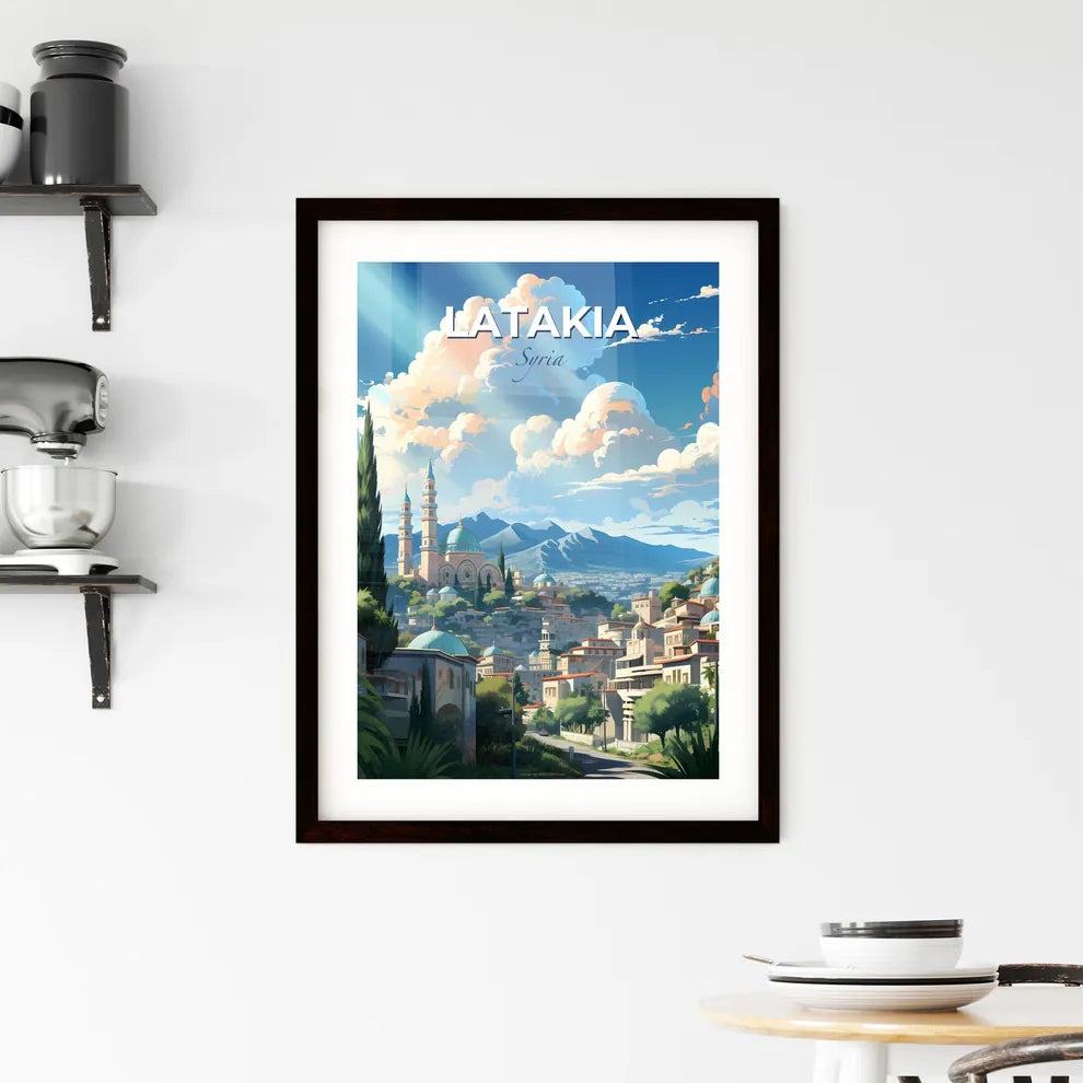 Vibrant Watercolor Painting of Latakia Syria Skyline with Trees and Mountains Default Title