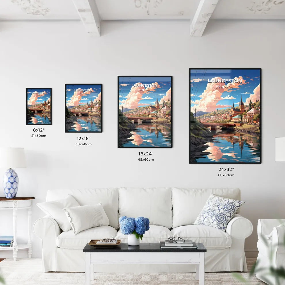 Vibrant Launceston Australia Skyline: Bridge Over Scenic River, Buildings, Trees, Art Focus Default Title