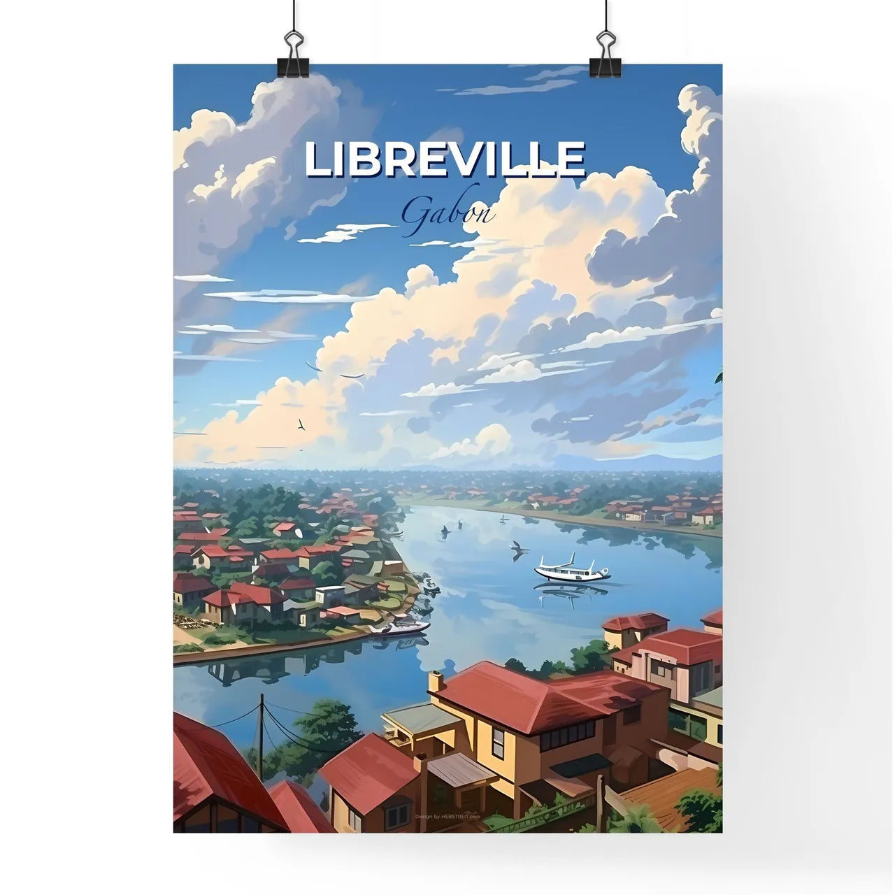 Vibrant Painting of Riverfront Homes and Boat in Libreville Gabon Skyline Default Title