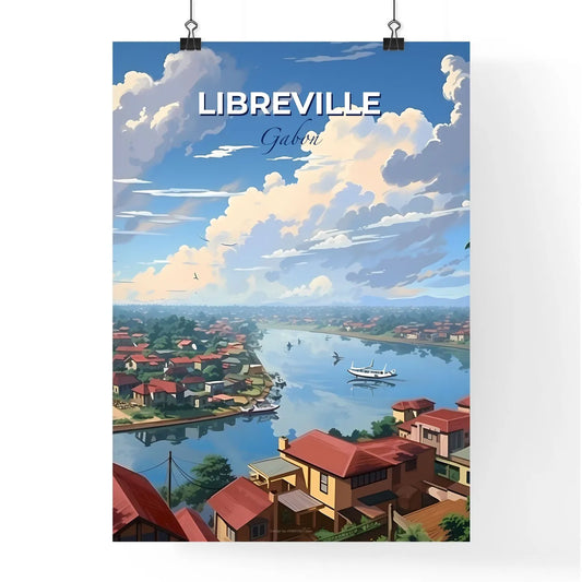 Vibrant Painting of Riverfront Homes and Boat in Libreville Gabon Skyline Default Title