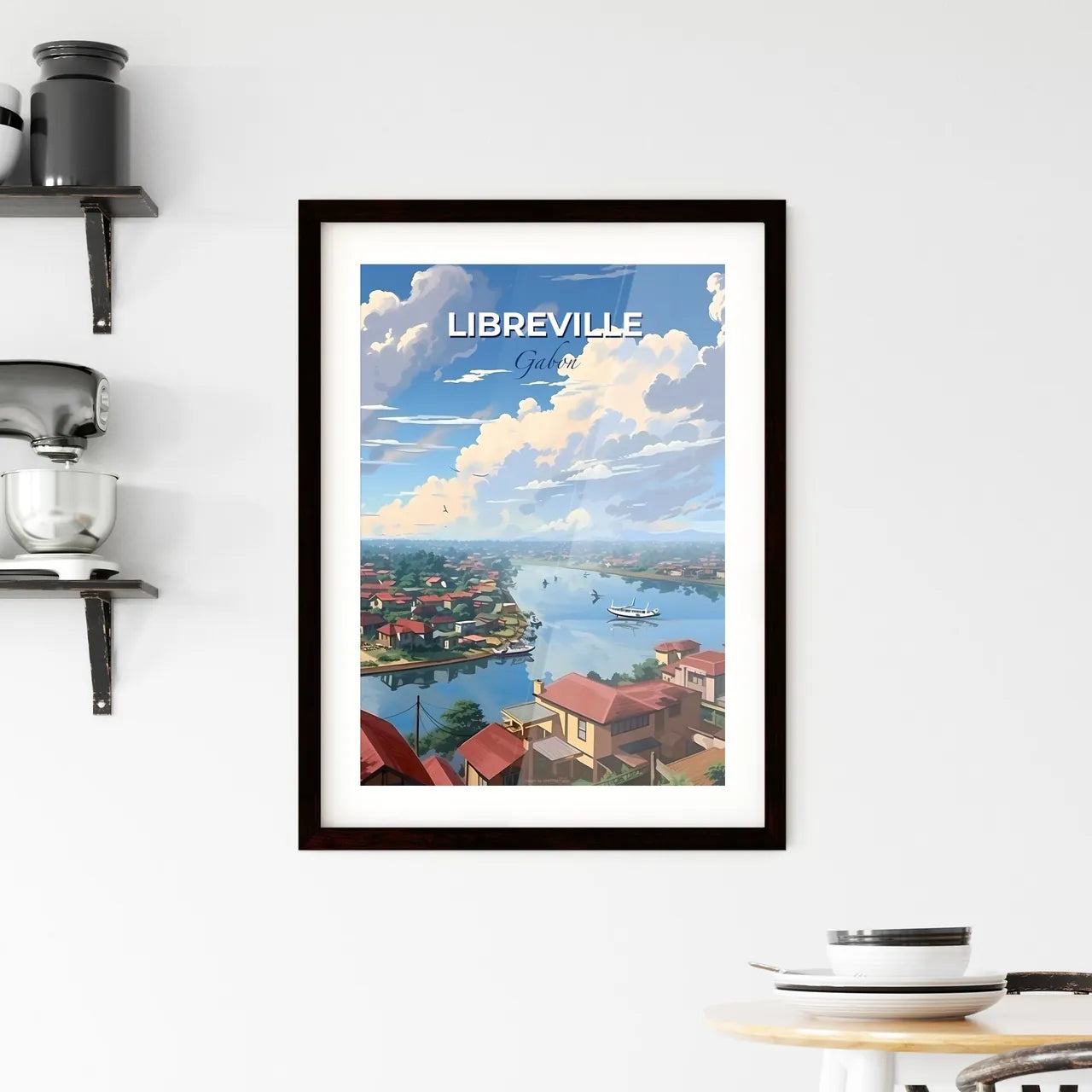 Vibrant Painting of Riverfront Homes and Boat in Libreville Gabon Skyline Default Title