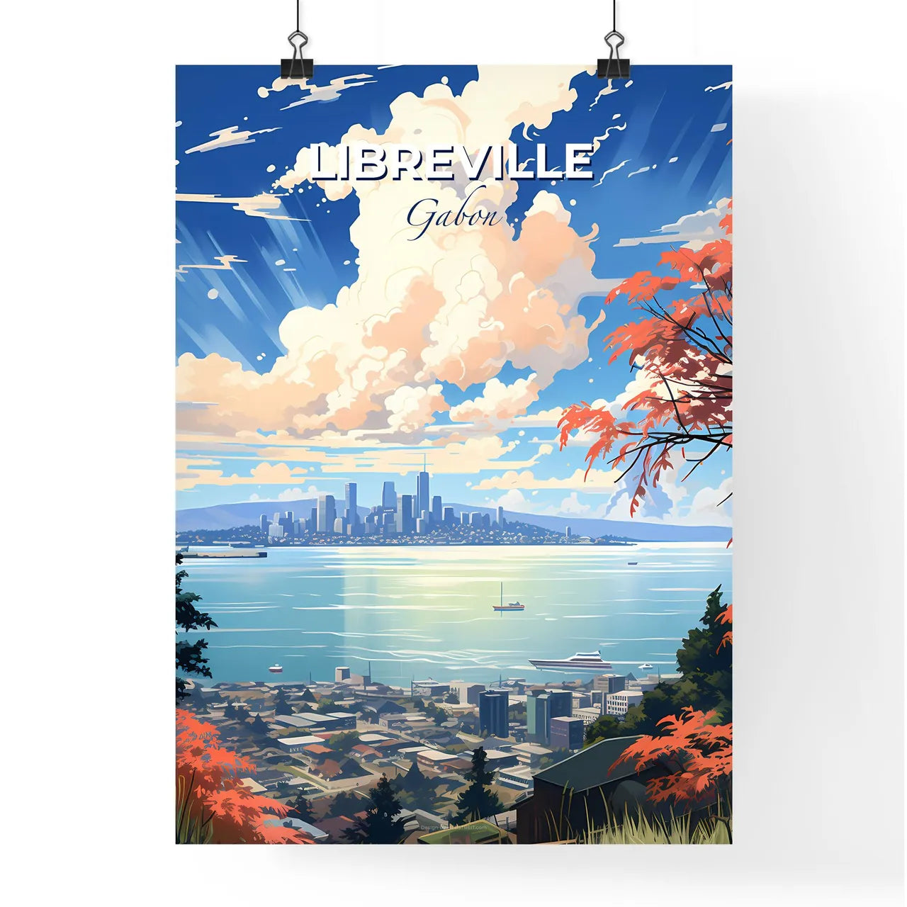 Vibrant Libreville Cityscape Painting by the Ocean Default Title