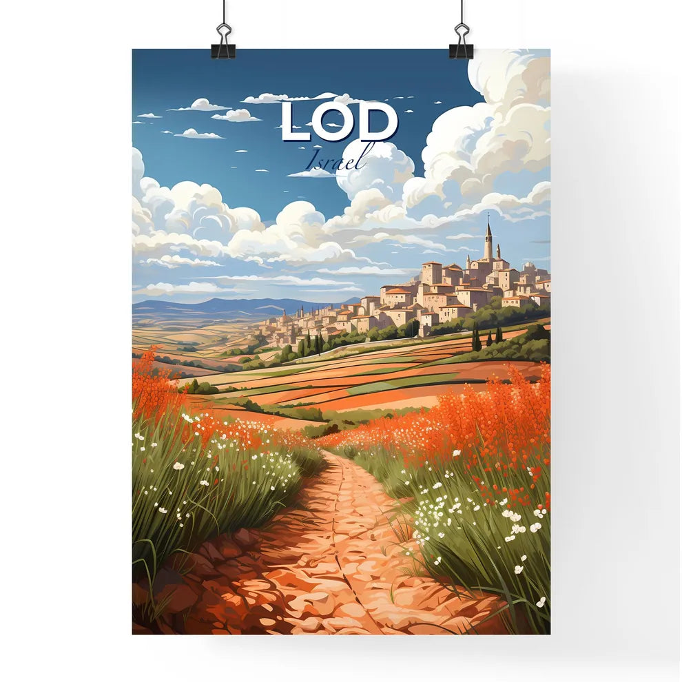 Vibrant Painting of Rural Village Skyline Dirt Path Default Title