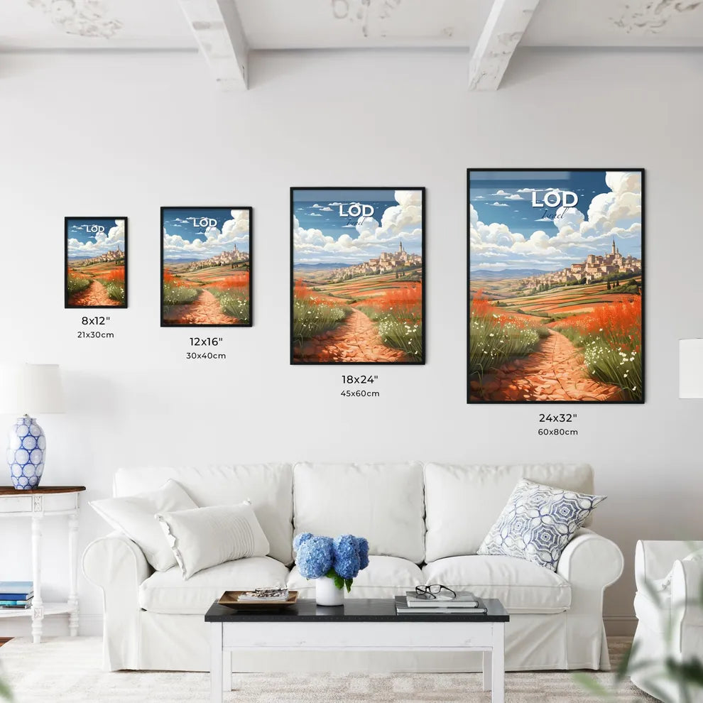 Vibrant Painting of Rural Village Skyline Dirt Path Default Title