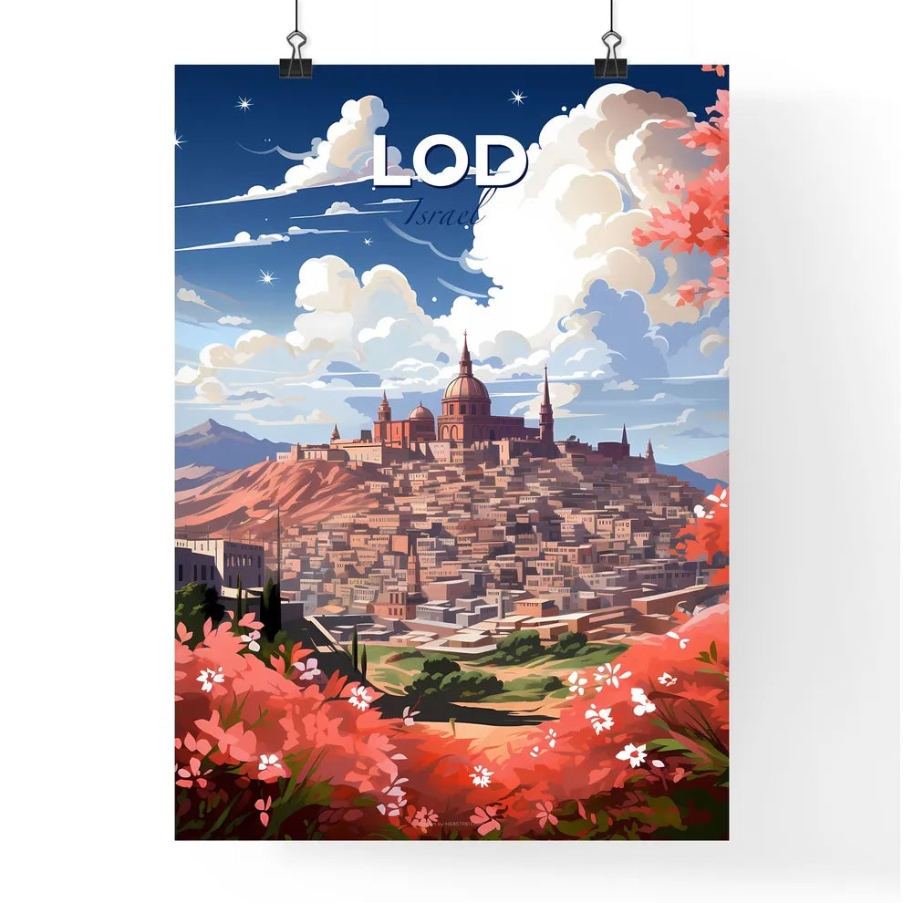 Vibrant Painting of Scenic Lod Israel Cityscape with Floral Touches Default Title